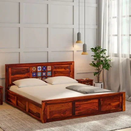 Namma Comfort Siramika Sheesham Wood Queen Size Bed In Honey Oak Finish With Box Storage